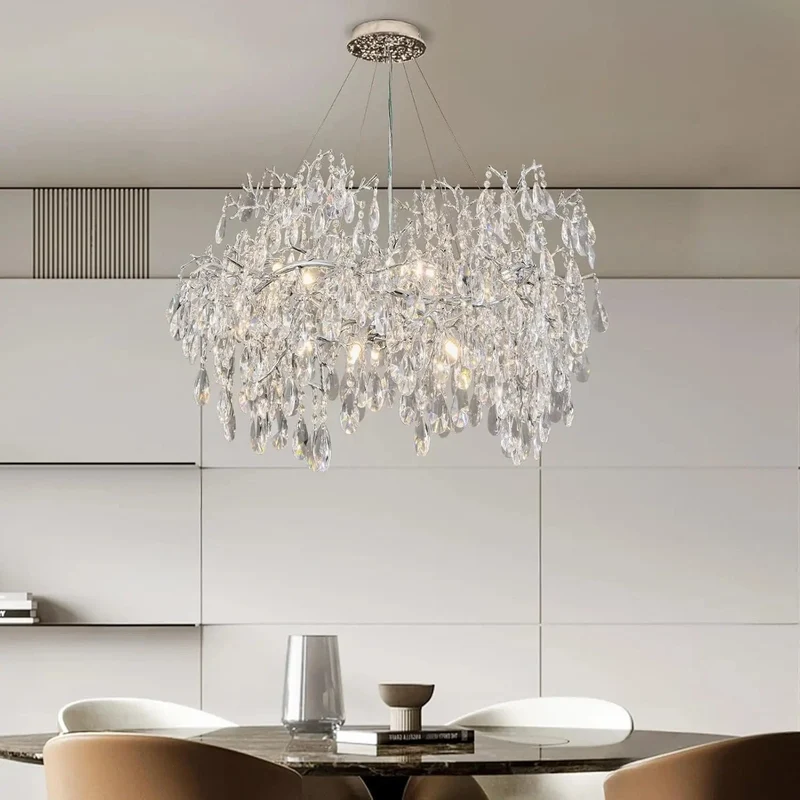 Luxury Modern Crystal Pendant Chandelier Hanging Living Room Lamp Dining Table Silver Branch Rectangular Chandeliers for Kitchen