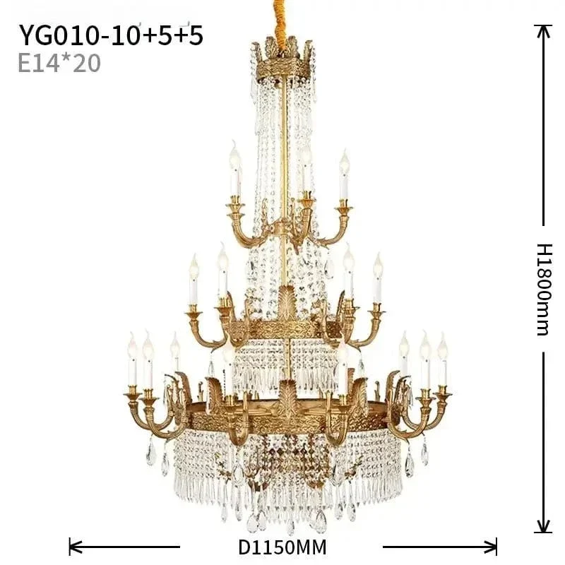 European Rococo 20 Lights Luxury Crystal Home Decoration Hanging Pendant Light Hotel Spiral Brass Chandelier