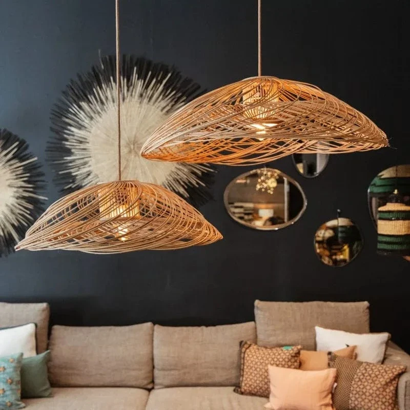 Large Wicker Pendant Lamp Wabi Sabi Style Rattan Chandelier For Living Room Bedroom Restaurant Wood Hand Woven Pendant Lamp