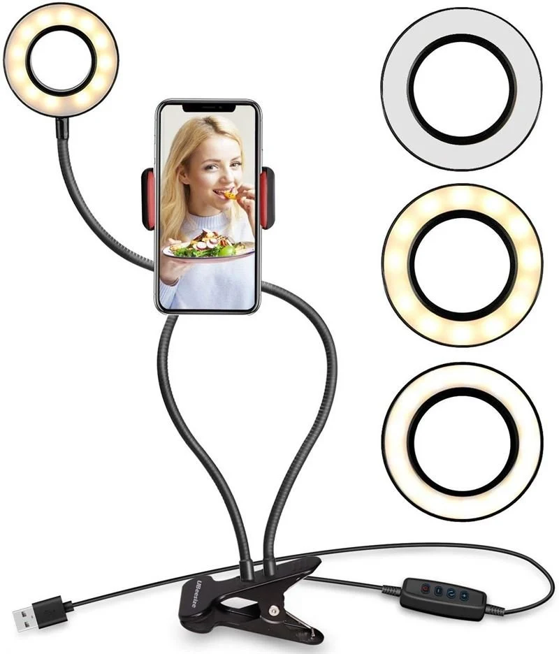 Selfie ring light med led lys med lystyrkegegulering + fleksable arme | Perfekt jusqu'à streaming / vlog / youtube / maquillage