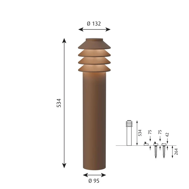 Bysted Garden Pullert, LAV, Corten farvet, Base u/adaptor, LED 3000K - Louis Poulsen