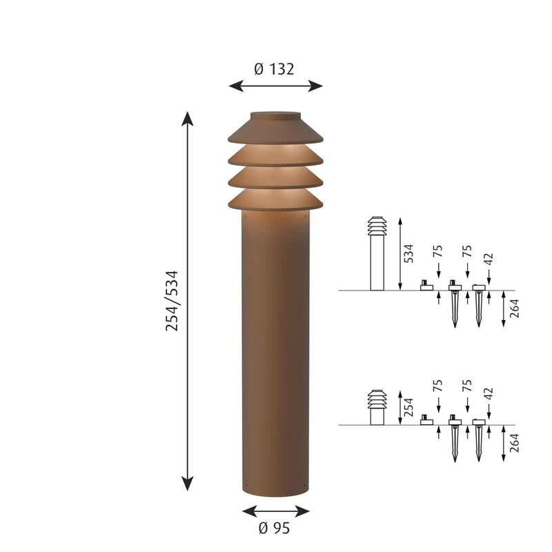 Bysted Garden Pullert, LAV, Corten farvet, Base u/adaptor, LED 3000K - Louis Poulsen