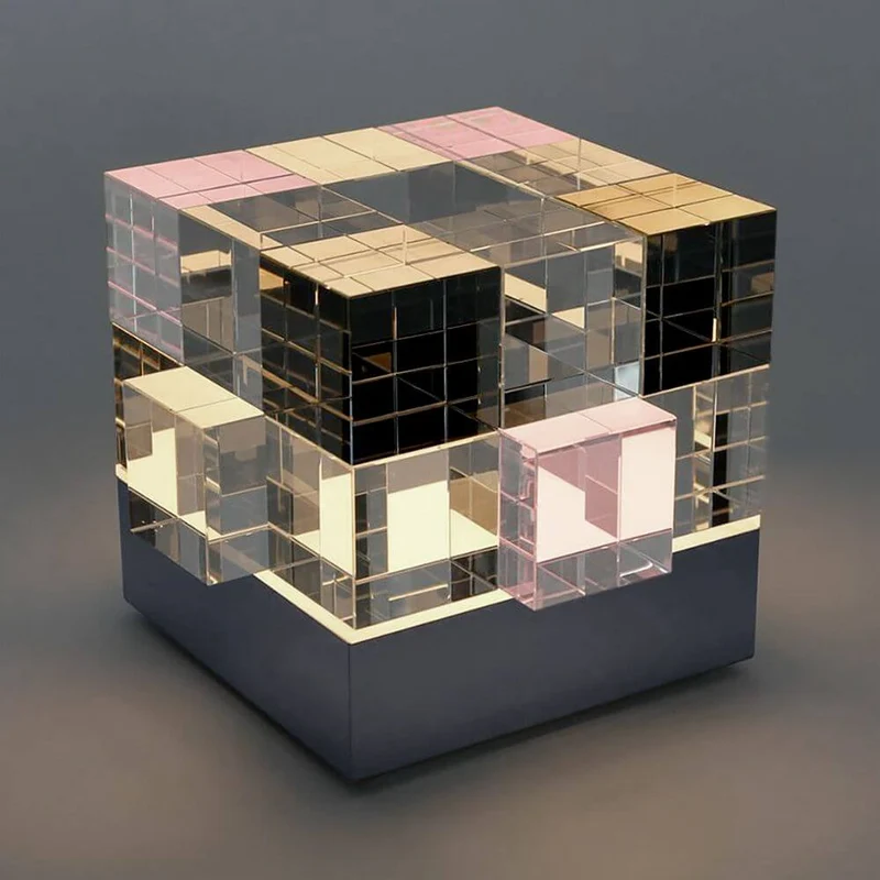 Tecnolumen Tischleuchte Cubelight Edelstahl Glas klar schwarz rosa