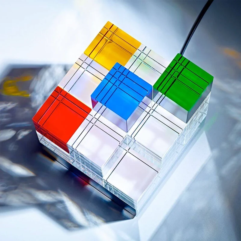 Tecnolumen Tischleuchte Cubelight Edelstahl Glas klar farbig
