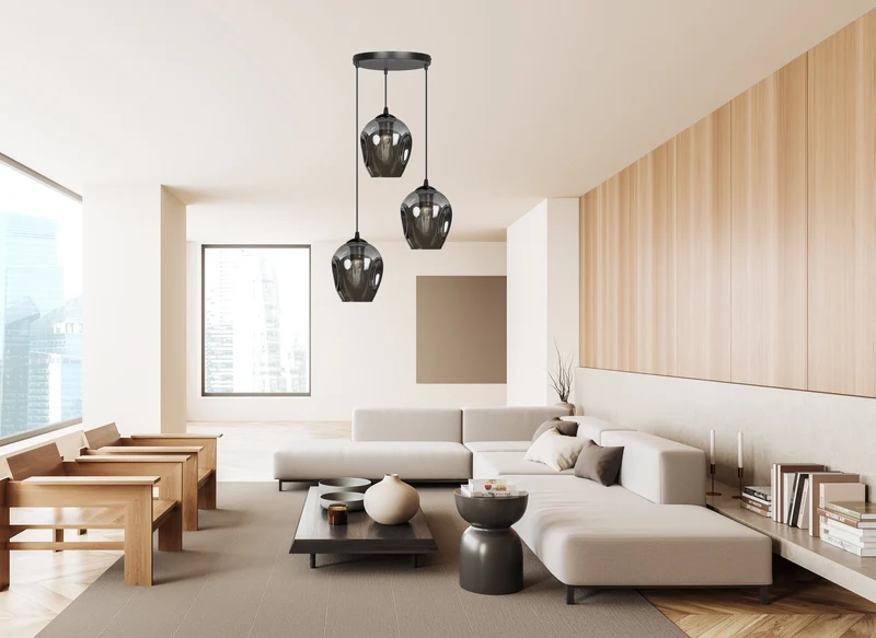 Lustre 3 Suspensions Rondes en Verre noir fumé