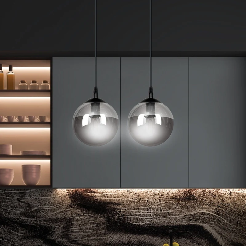 Double Suspension Boule Verre Et Noir