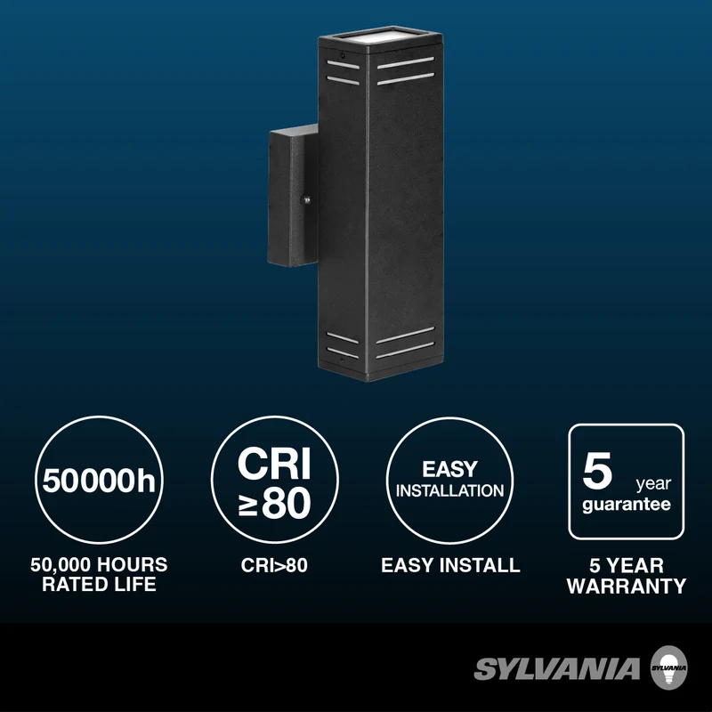 SYLVANIA Wall Mount LED Light Sconce 29.5W, 5 CCT (2700/3000/3500/4000/5000K), 80 CRI, 1000 Lms, Black with Sensor - 2 PK