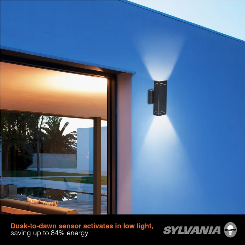 SYLVANIA Wall Mount LED Light Sconce 29.5W, 5 CCT (2700/3000/3500/4000/5000K), 80 CRI, 1000 Lms, Black with Sensor - 2 PK