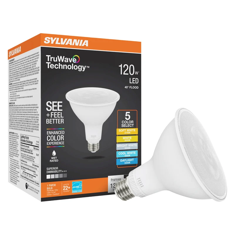 SYLVANIA TruWave PAR38 LED Light Bulb, 15.5W = 120W, 5 CCT Select 2700 / 3000 / 3500 / 4000 / 5000K, 40-Degree Angle, Dimmable, 1300 lms, Clear Finish