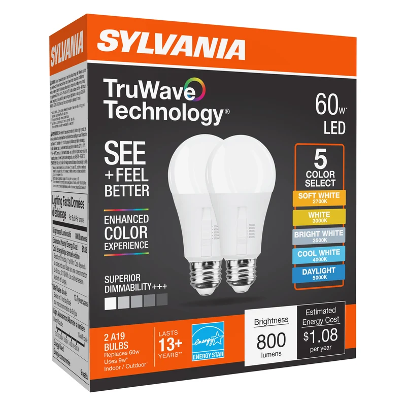 SYLVANIA TruWave A19 LED Light Bulb, 9W = 60W, 5 CCT Select 2700 / 3000 / 3500 / 4000 / 5000K, Dimmable, 800 lms, Frosted Finish - 2 PK