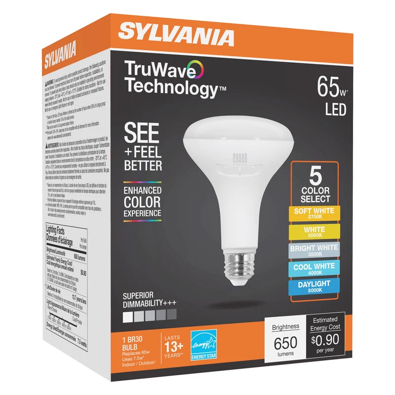 SYLVANIA TruWave BR30 LED Light Bulb, 7.5W = 65W, 5 CCT Select 2700 / 3000 / 3500 / 4000 / 5000K, Dimmable, 650 lms, Frosted Finish - 1 PK
