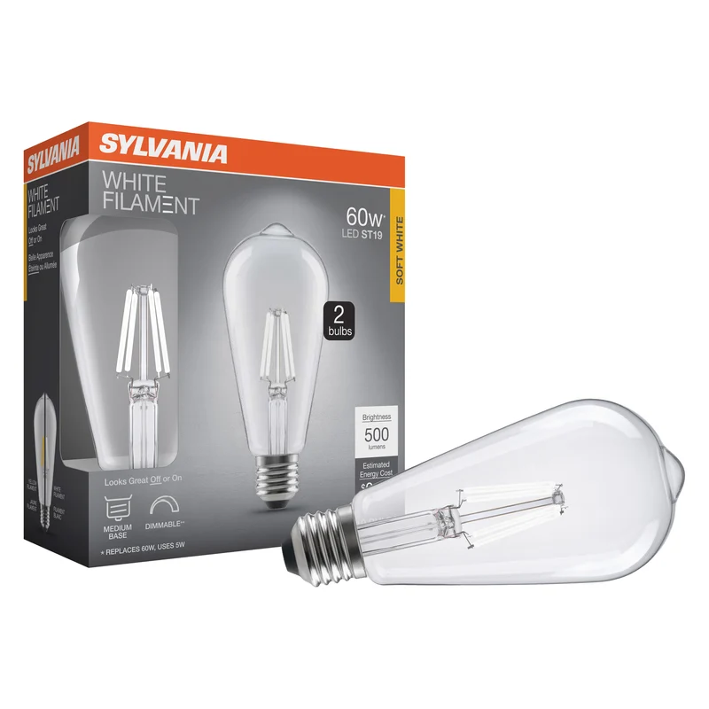 SYLVANIA ST19 Clear LED White Filament Bulb, 5W, Dimmable, 500 Lms, Medium Base, 2700K, Soft White - 2 PK