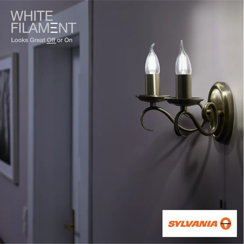 SYLVANIA B10 Clear LED White Filament Bulb, 6W, Dimmable, 500 Lms, Candelabra Base, 5000K, Daylight - 4 Pack (41849)