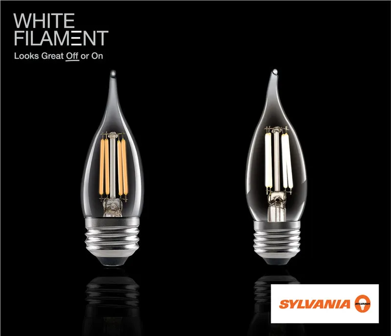 SYLVANIA B10 Clear LED White Filament Bulb, 6W, Dimmable, 500 Lms, Candelabra Base, 5000K, Daylight - 4 Pack (41849)