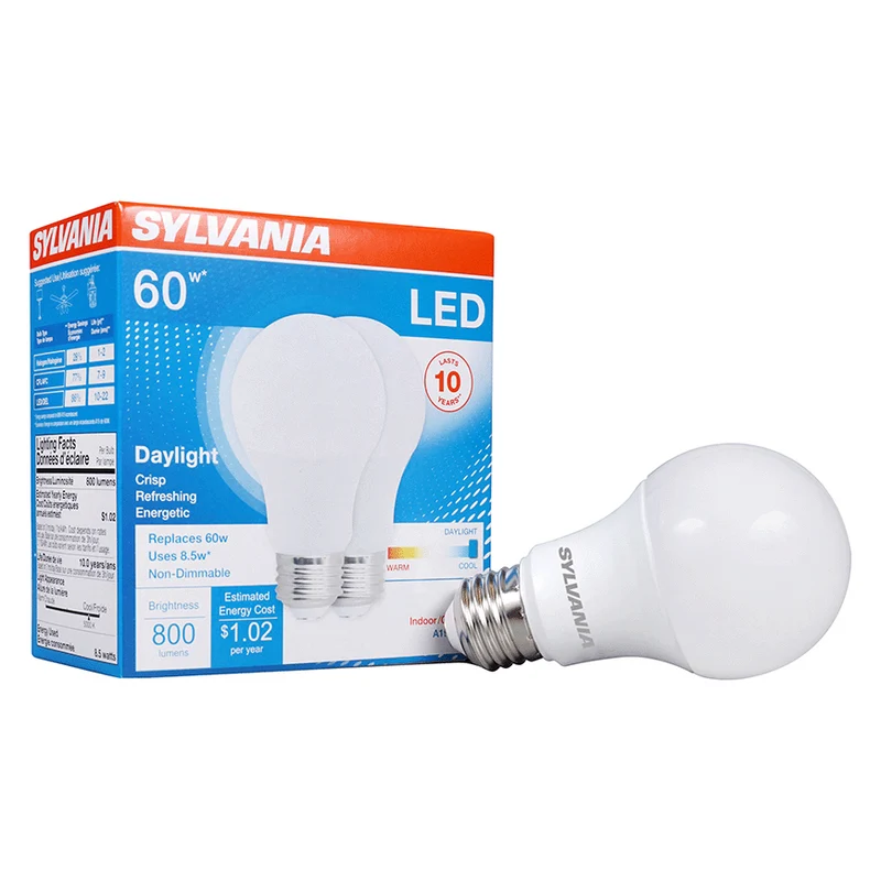 SYLVANIA A19 LED Light Bulb, 60W = 8.5W, Medium Base, Frosted Finish, 800 Lumens, Daylight - 2 PK