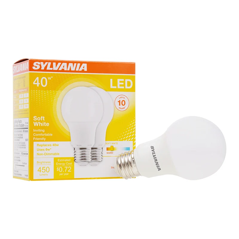 SYLVANIA A19 LED Light Bulb, 40W = 6W, Medium Base, Frosted Finish, 450 Lumens, Soft White - 2 PK