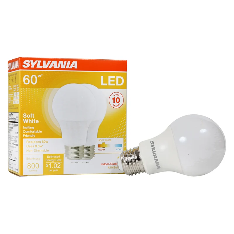 SYLVANIA A19 LED Light Bulb, 60W = 8.5W, Medium Base, Frosted Finish, 800 Lumens, Soft White - 2 PK