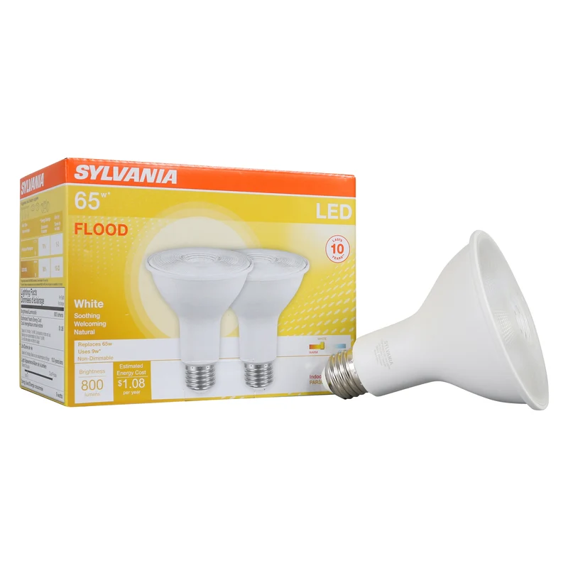 SYLVANIA LED PAR30 Flood Light Bulb, 65W = 9W, 10 Year, Non-Dimmable, 800 Lumens, 3000K, Warm White - 2 Pk