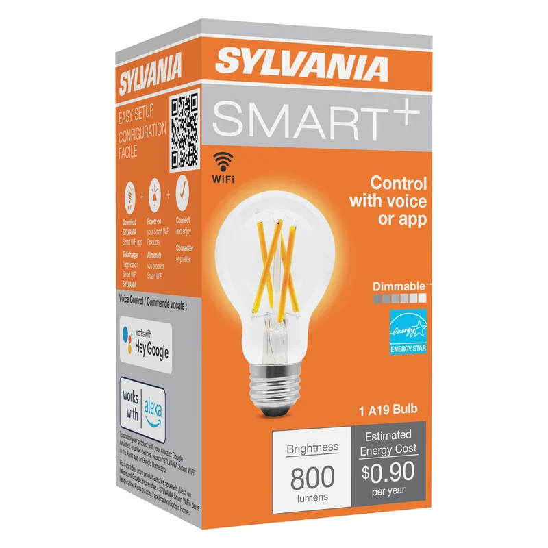 SYLVANIA Wifi LED Smart A19 Light Bulb, 7.5W, with Filament, for Alexa / Google Assistant, Energy Star, Clear, 2700K, Soft White - 1 Pk