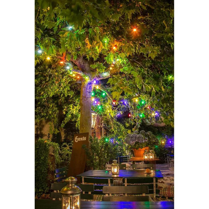 LED Biergartenkette 10er bunt milchig 80 Warmweiße Dioden 24V