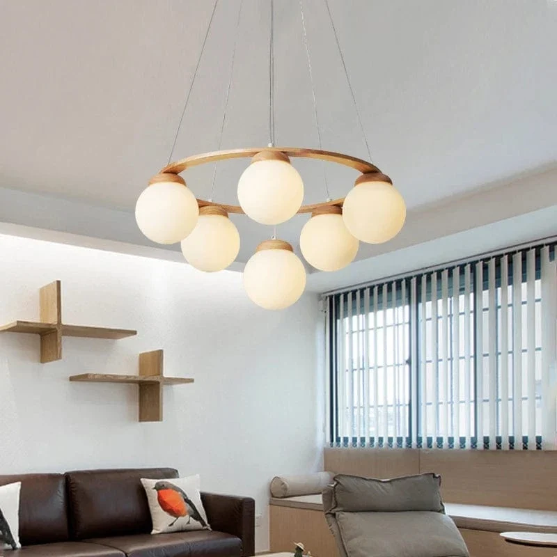 Suspension Bois et Globes Blancs