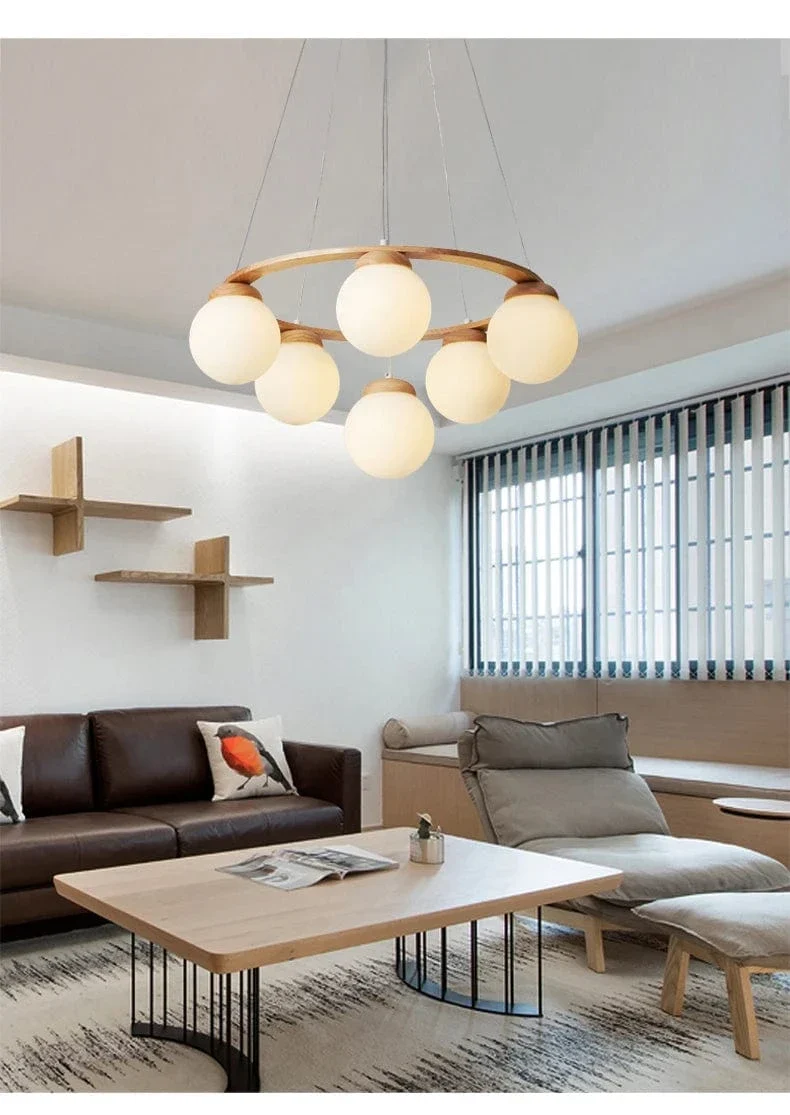 Suspension Bois et Globes Blancs