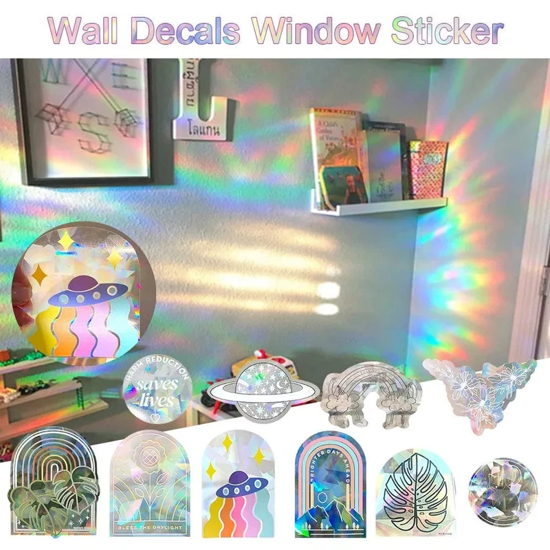 3D Rainbow Window Stickers Sun Catcher Wall Mirror Decals Star Butterfly Reflective Stickers for Children Kids Room Motorcycle