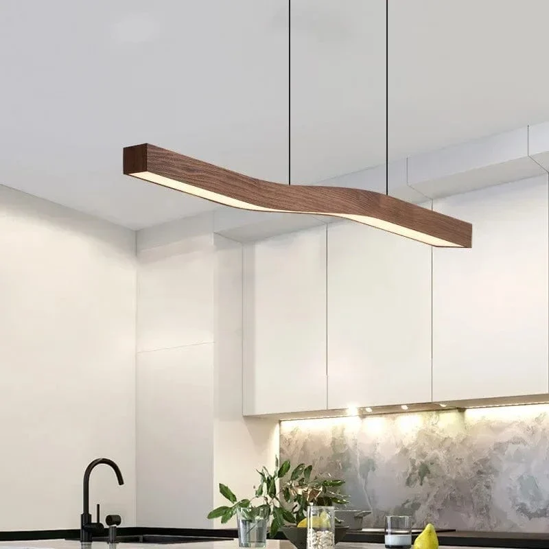 Retro Camur Linear Pendant Light – Walnut Wood Grain Long Strip Modern Hanging Lamp for Dining Room, Loft, Restaurant & Home Décor