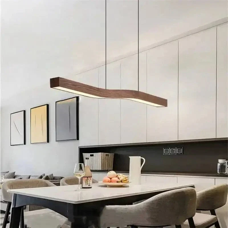 Retro Camur Linear Pendant Light – Walnut Wood Grain Long Strip Modern Hanging Lamp for Dining Room, Loft, Restaurant & Home Décor