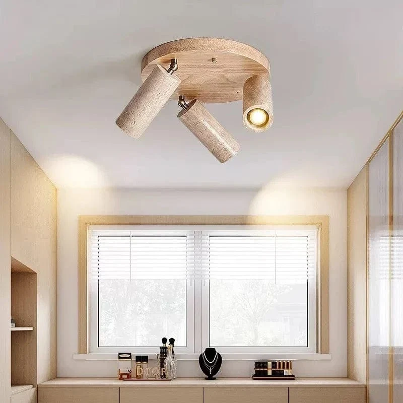 Stone Ceiling Spotlight – Angle Adjustable LED Lamp with Wooden Base for Foyer