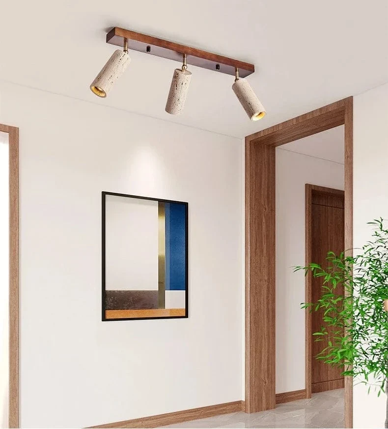 Stone Ceiling Spotlight – Angle Adjustable LED Lamp with Wooden Base for Foyer