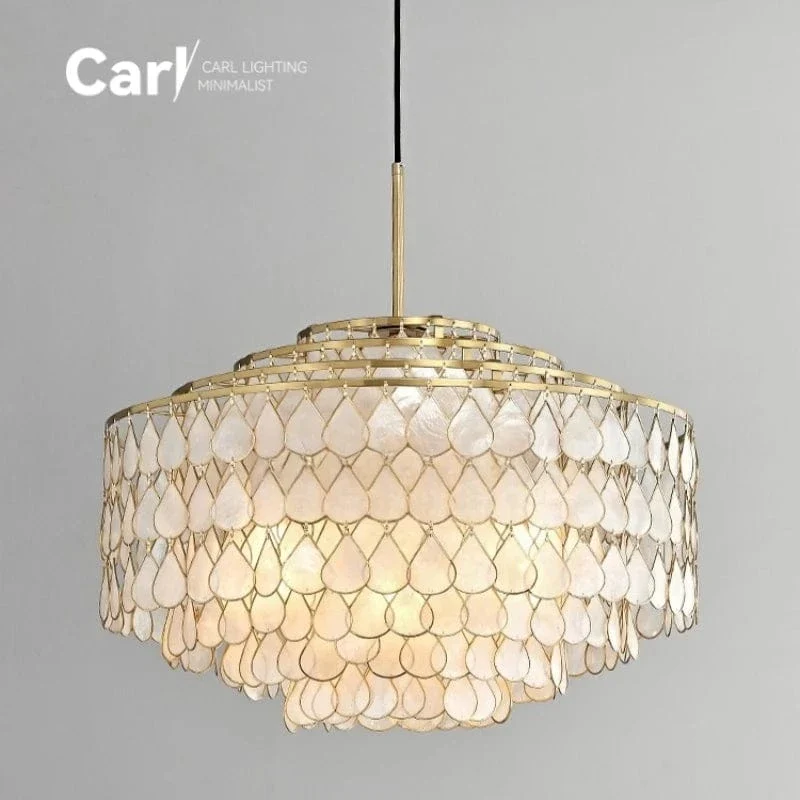French Light Luxury Copper Edge Shell Chandelier Vintage Retro High-end Living Room Study Restaurant Bedroom Lamps