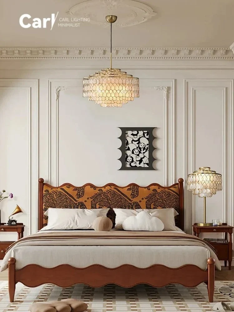 French Light Luxury Copper Edge Shell Chandelier Vintage Retro High-end Living Room Study Restaurant Bedroom Lamps
