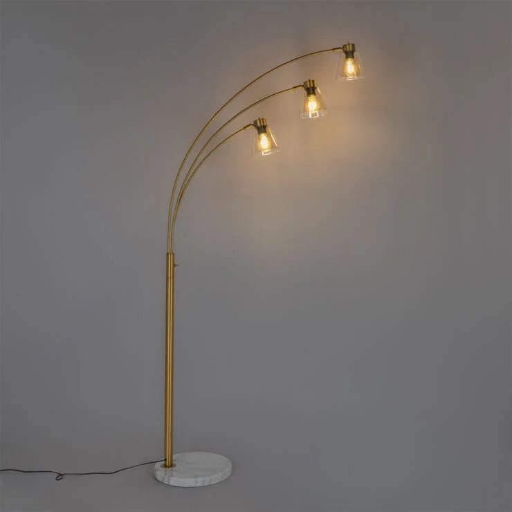 Lampadaire arc bronze avec marbre et verre ambré 3 lumières