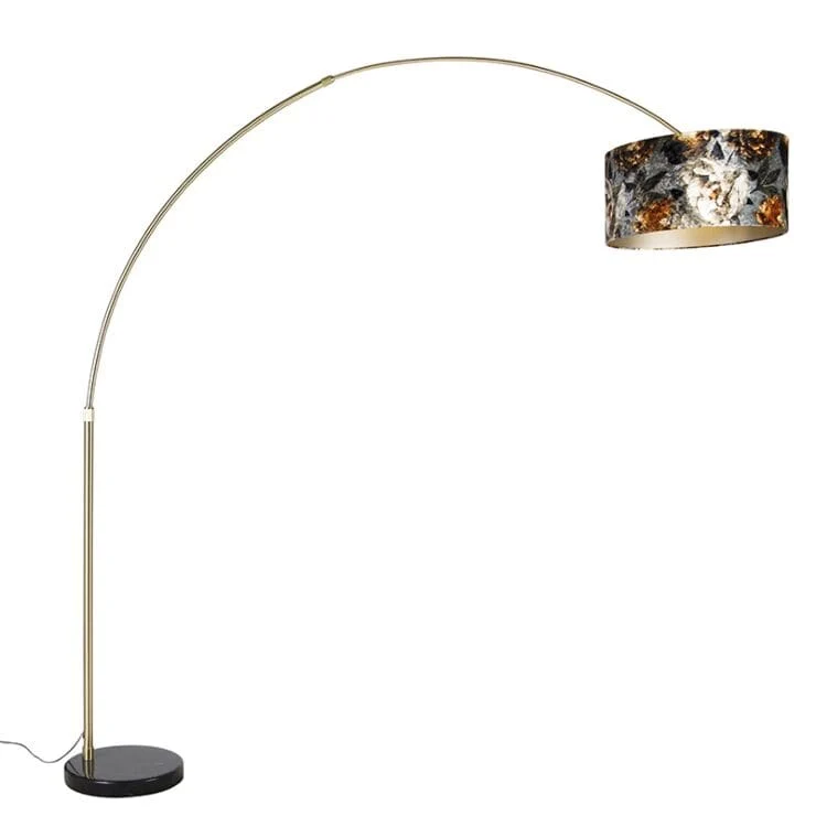 Lampadaire arc laiton avec abat-jour noir design fleur