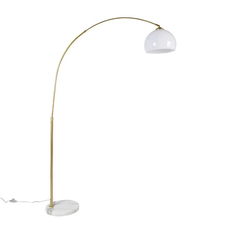 Lampadaire à arc moderne en laiton avec abat-jour transparent