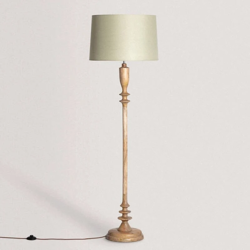 Lampadaire Abat Jour Vert et Pied Bois