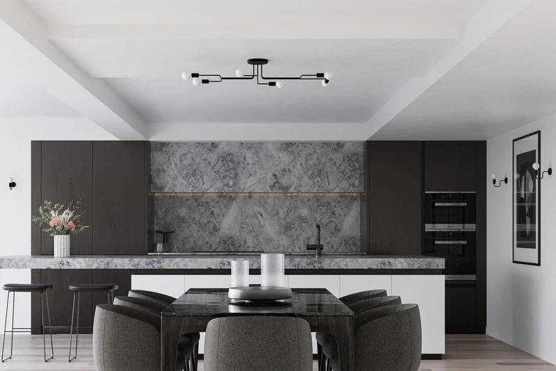 Plafonnier chandelier 6 ampoules Métal Noir Salon