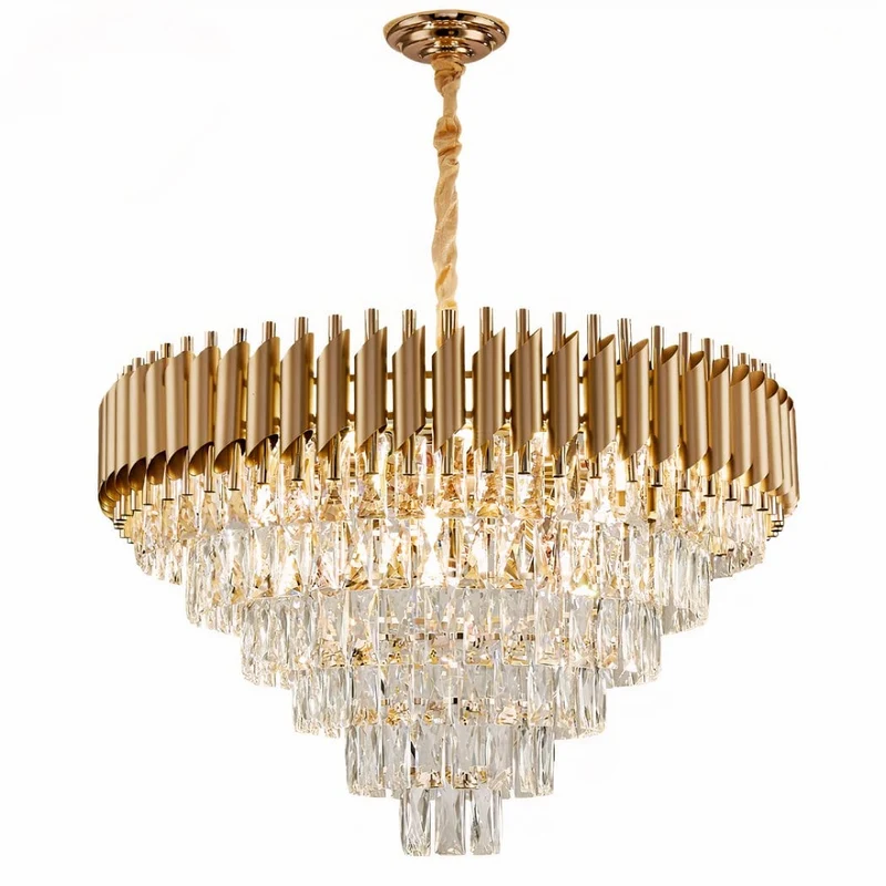 Lustre à pampille de luxe en métal et cristal doré salon