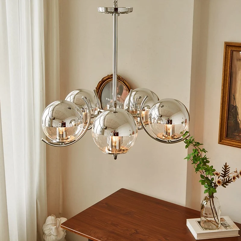 Lustre suspension boules en verre salon argent