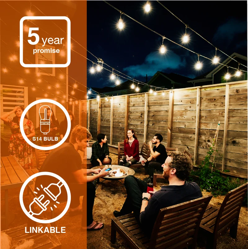 LEDVANCE 24-ft LED String Lights, Edison Shatterproof S14 Bulbs, Linkable, Indoor / Outdoor, IP65 Wet Rated, 2200K, Amber Glow, Extra Bulb Included