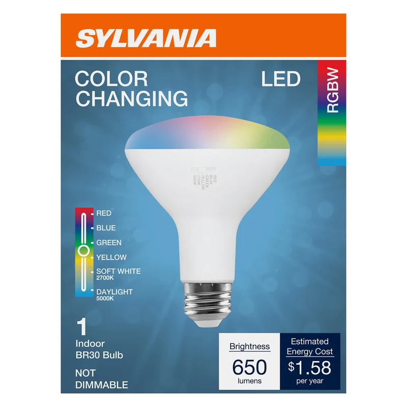 SYLVANIA 5 Color LED Light Bulb, Red / Blue / Green / Yellow / White, RGBW, 8W, BR30, E26 Medium Base, 2700K/5000K