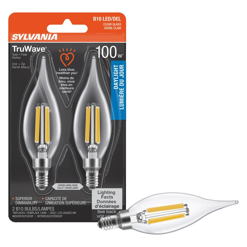 SYLVANIA LED TruWave Décor Light Bulb, B10 Chandelier 100W = 8W, Candelabra Base, Dimmable, 900 Lumens, 5000K, Clear, Daylight - 2 PK
