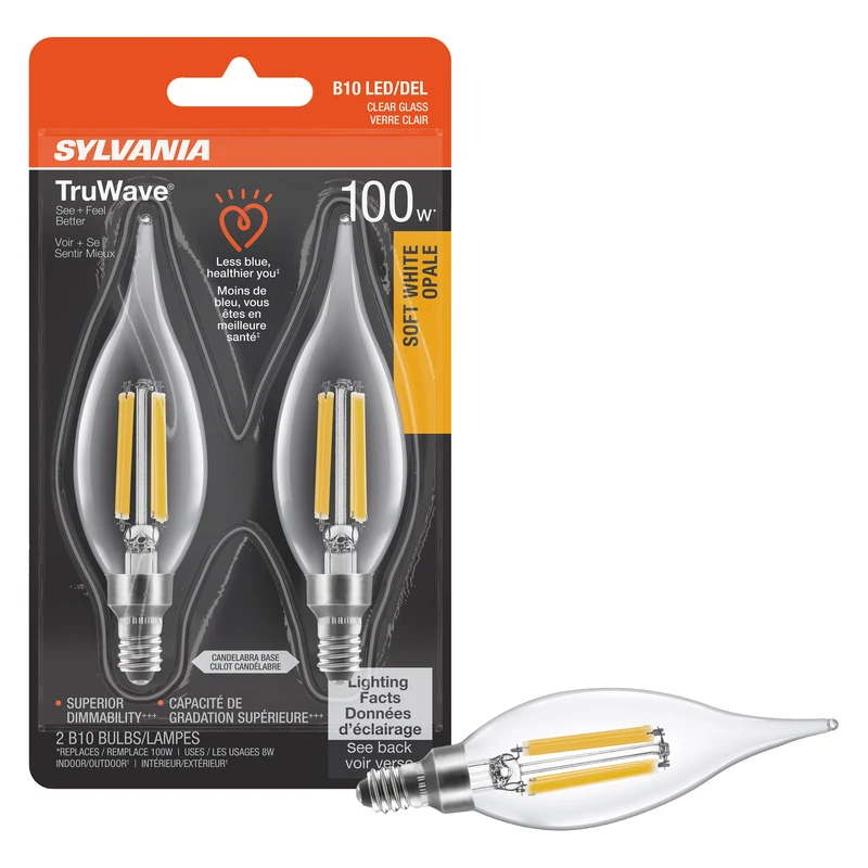 SYLVANIA LED TruWave Décor Light Bulb, B10 Chandelier 100W = 8W, Candelabra Base, Dimmable, 900 Lumens, 2700K, Clear, Soft White - 2 PK