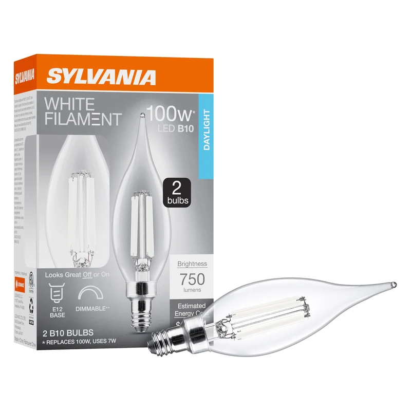 SYLVANIA B10 Clear LED White Filament Bulb, 7W, Dimmable, 750 Lms, Candelabra Base, 5000K, Daylight - 2 PK