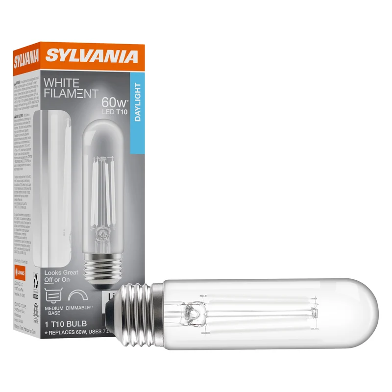 SYLVANIA T10 Clear LED White Filament Bulb, 7.5W, Dimmable, 800 Lms, Medium Base, 5000K, Daylight - 1 PK