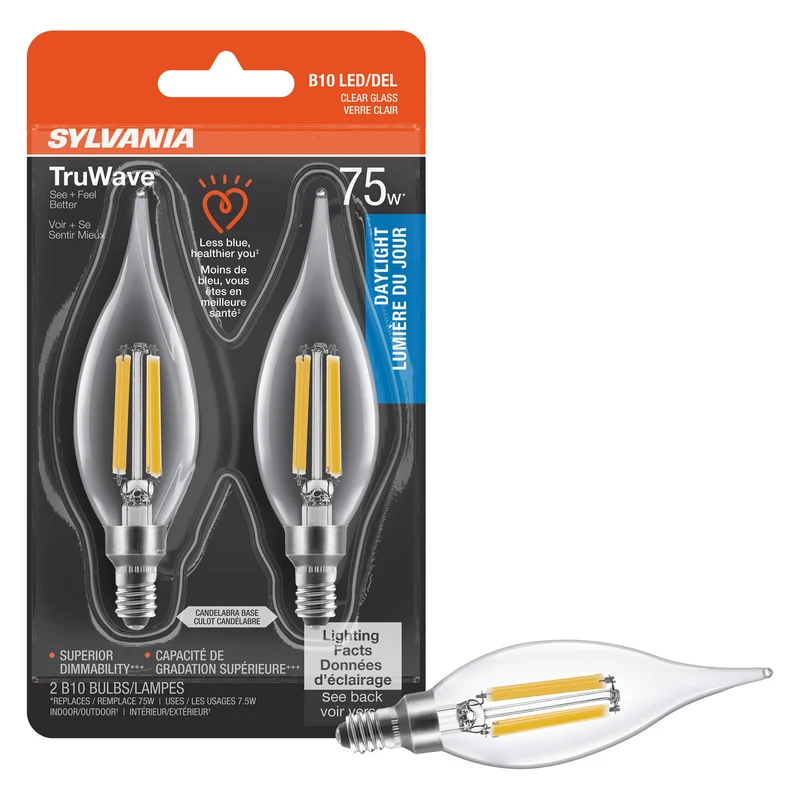 SYLVANIA LED TruWave Décor Light Bulb, B10 Chandelier 75W = 7.5W, Candelabra Base, Dimmable, 750 Lumens, 5000K, Clear, Daylight - 2 PK