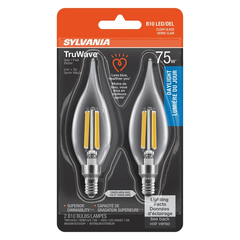 SYLVANIA LED TruWave Décor Light Bulb, B10 Chandelier 75W = 7.5W, Candelabra Base, Dimmable, 750 Lumens, 5000K, Clear, Daylight - 2 PK