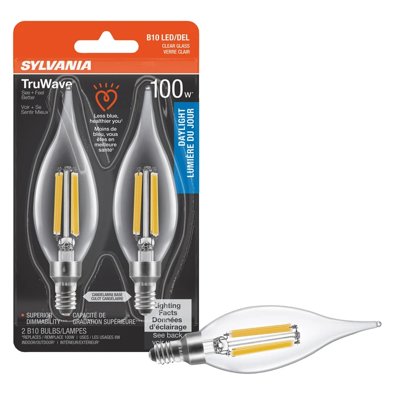 SYLVANIA LED TruWave Décor Light Bulb, B10 Chandelier 75W = 7.5W, Candelabra Base, Dimmable, 750 Lumens, 2700K, Clear, Soft White - 2 PK