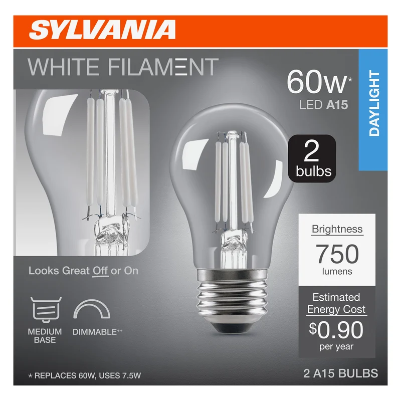 SYLVANIA A15 Clear Globe LED White Filament Bulb, 7.5W, Dimmable, 750 Lms, Medium Base, 5000K, Daylight - 2 PK